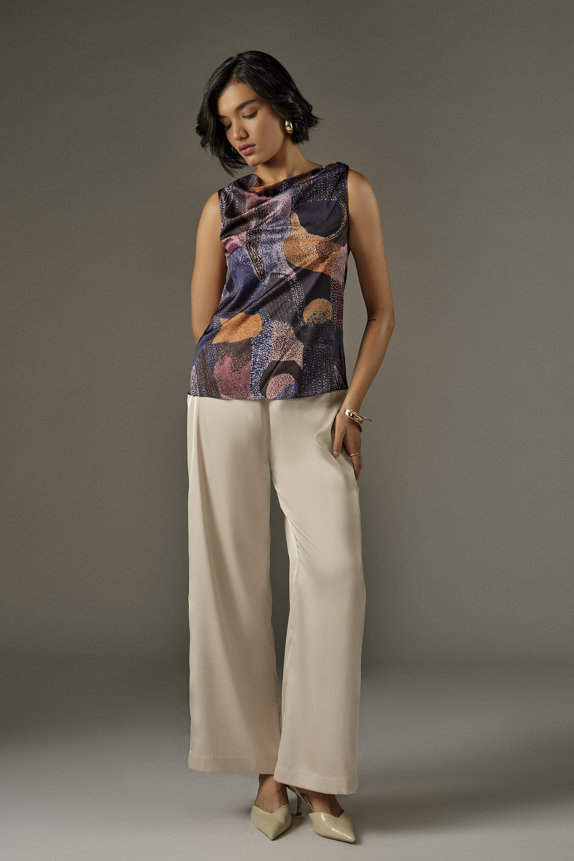 Slant Cowl Neck Top in Navy, Blue, image 2